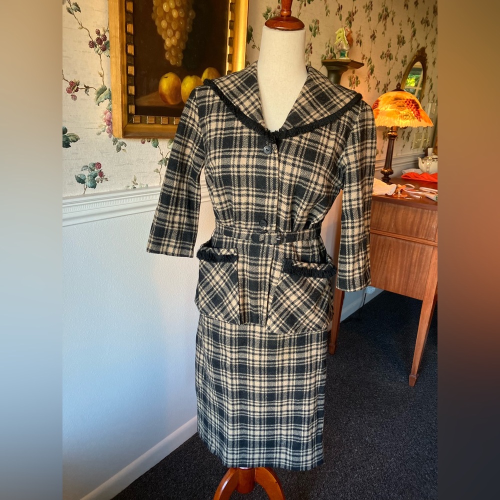 Vintage Alfred Warber of St. Louis wool black and tan suit with black fringe